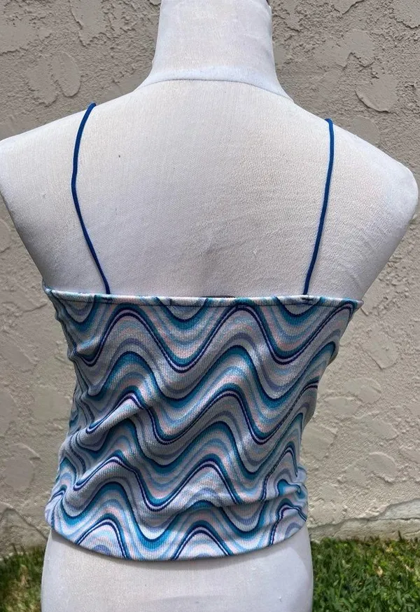 Fade Rose Marble stripe blue string spaghetti strap tank top Size L - Image 5