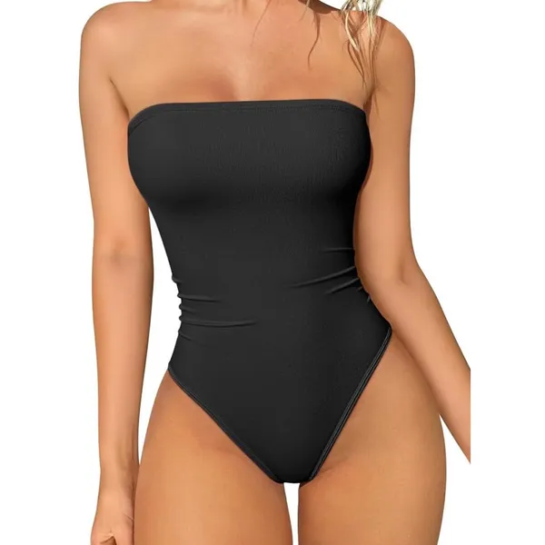 OQQ Womens Tube Bodysuits Strapless Basic Sleeveless Ruched Stretch Bodysuits XL - Image 2