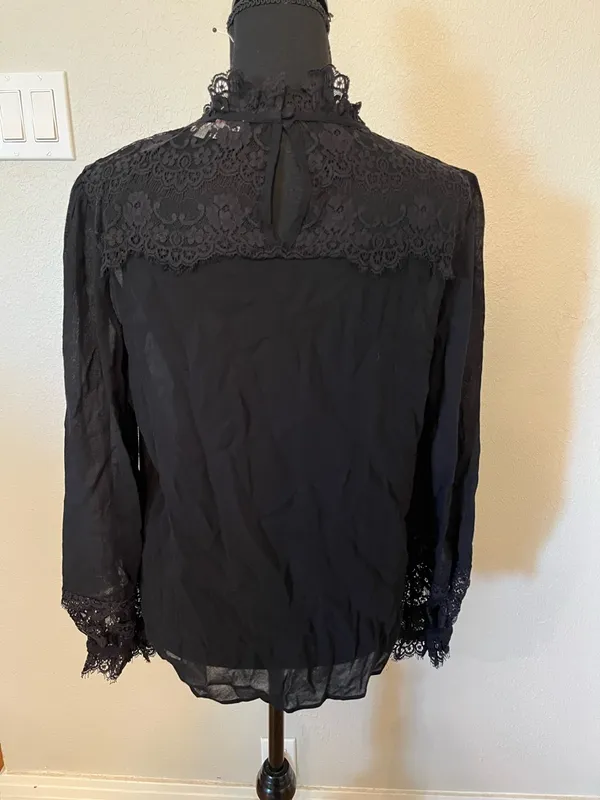 Boden Women’s Black Long Sleeve High Neck Lace Pintucked Blouse Size 8 - Image 2