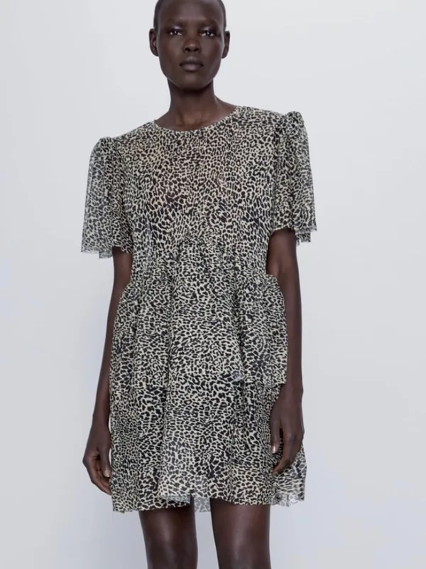 Zara Black and White Leopard Tiered Short Sleeve Dress Medium - Image 8