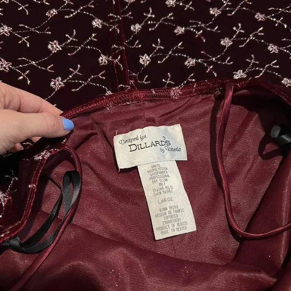 90s vintage square neck burgundy and silver glitter floral maxi velvet dress - Image 6