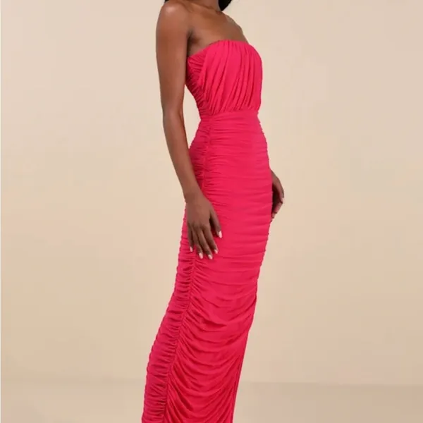 Lulu's Pink Asymmetrical Ruched Bodycon Maxi Dress - Image 4