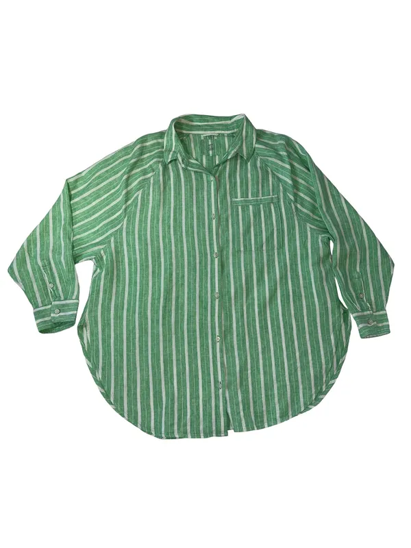 Aerie Pool-To-Party Linen Blend Cover Up Shirt Celebrity Green Stripe M - Image 4