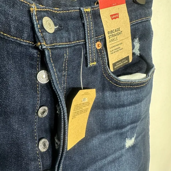 NWT Levi’s Ribcage Straight Ankle Button Fly Distressed Jeans‎ 27x27” Dark Blue - Image 3