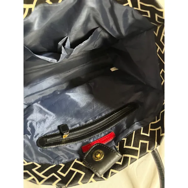 Tommy Hilfiger Monogram Tote Bag Black White Geometric Stripe Gold Buckle Charm - Image 9