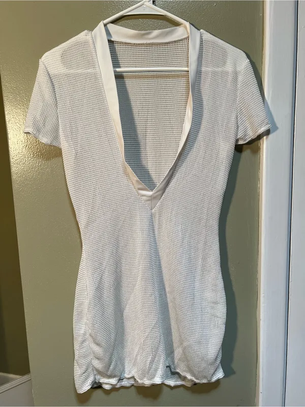 Womens Size Small Crochet Cover Up Beach Dress Short Sleeve V-Neck White Stretch - Image 4
