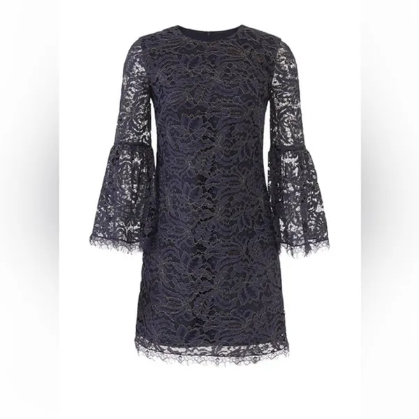Dress The Population‎ Navy Gold Metallic Lace Bell Sleeve Mini Dress Size L - Image 2