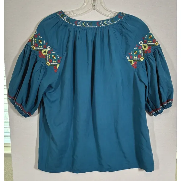 Solitaire Womens M Teal Blue Embroidered Puff Sleeve Boho Peasant Blouse - Image 3