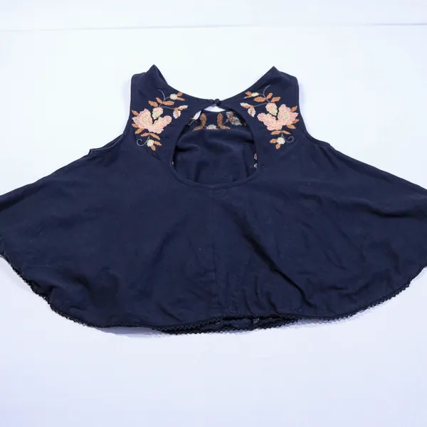 Free People Embroidered Swing Tank Top Women XS Navy Blue Floral Open Back Boho - Image 11