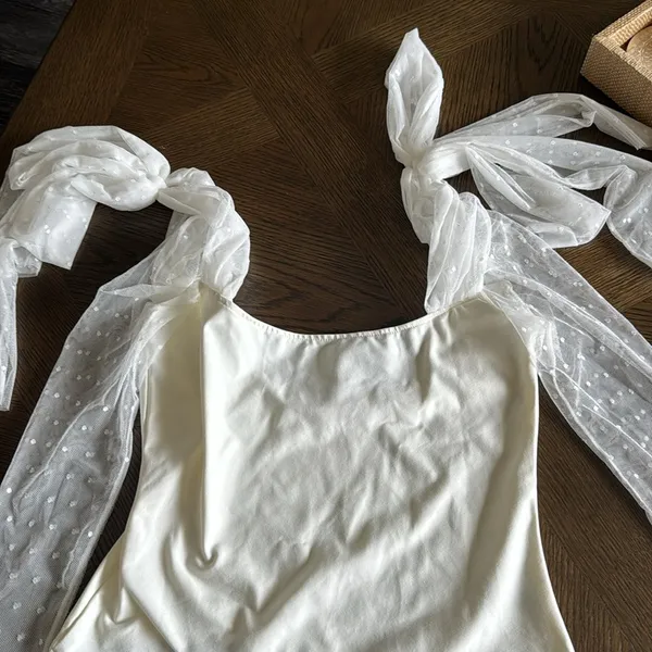 Free People Tongue Tied Mesh Sleeve Tie Shoulder Bodysuit, Ivory, Medium, $68 - Image 6