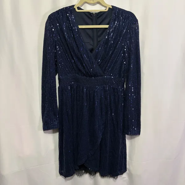 Navy Blue Sequin Wrap V-Neck Long Sleeve Lace Trim Cocktail Dress Evening Party - Image 4