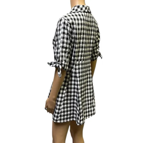 Kate Lily Gingham Short Tie Sleeve Button Up Tunic Blouse Black White Womens 8 - Image 4
