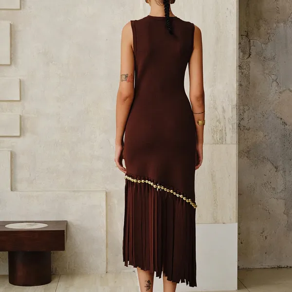 Commense Asymmetric Fringe Metal Bead Detail Maxi Dress size medium - Image 3