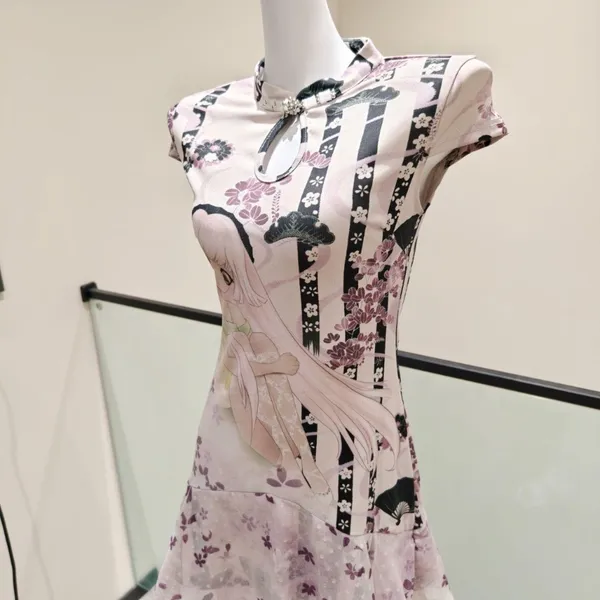 Women Anime Print Short Qipao Dress Mandarin Collar Cap Sleeve Keyhole Neck Ruffle Hem Slim Fit - Image 3