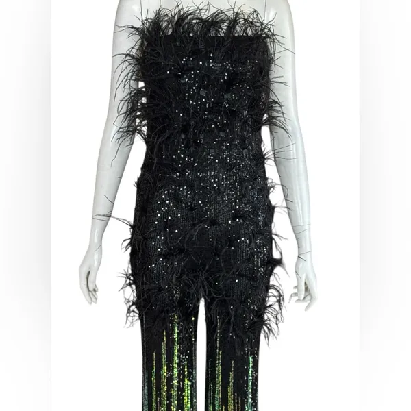 Unbranded Elegant Sequined/Feathered Black and Green Women's Jumpsuit G#8 - Image 4