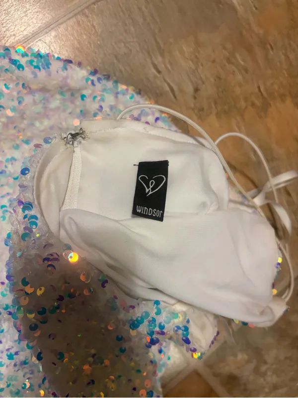 Windsor Sequin One-Shoulder Mini Dress in Iridescent White-Blue Med - Image 5