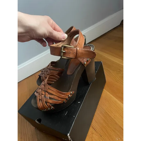 H&M Chunky Brown Leather Heeled Snadals Block heel Boho Indie size 5 Festival - Image 3