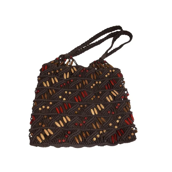 Macrame Purse Tote Bag Womens Medium Brown EUC Beaded Boho‎ Shoulder - Image 3