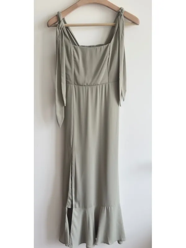 Show Me Your Mumu NWOT Claire Midi Dress Sage Green Tie Strap Side Slit Dress S - Image 3