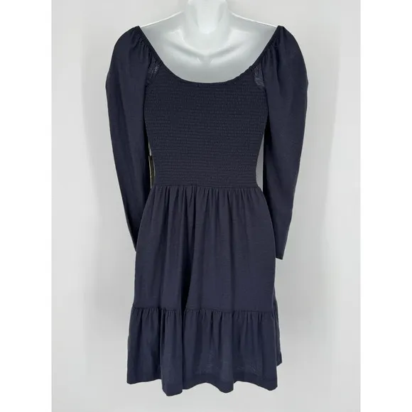 Nation LTD Noel Babydoll Dress XS Navy Pima Cotton Smocked Tiered Mini‎ - Image 9