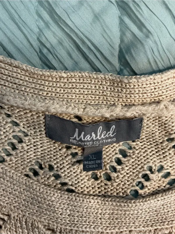 Marled Cream Openwork Diamond Knit Crewneck Sweater - Image 2