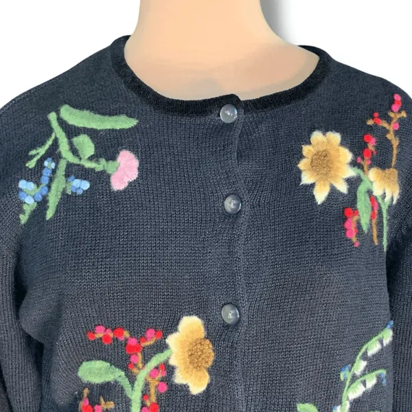 Susan Bristol Vintage Black Floral Embroidered Cotton Cardigan Dark Romance Knit Sweater - Image 2