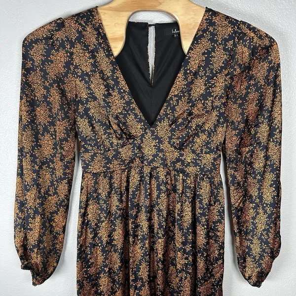 Lulus Floral Long Sleeve Satin V-neck Midi Dress Womens Size XL Navy Blue Orange - Image 2