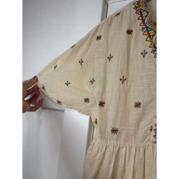 Max Women Cream Cotton Boho Embroidered V-Neck Ruffle Hem Mini Dress - Image 15
