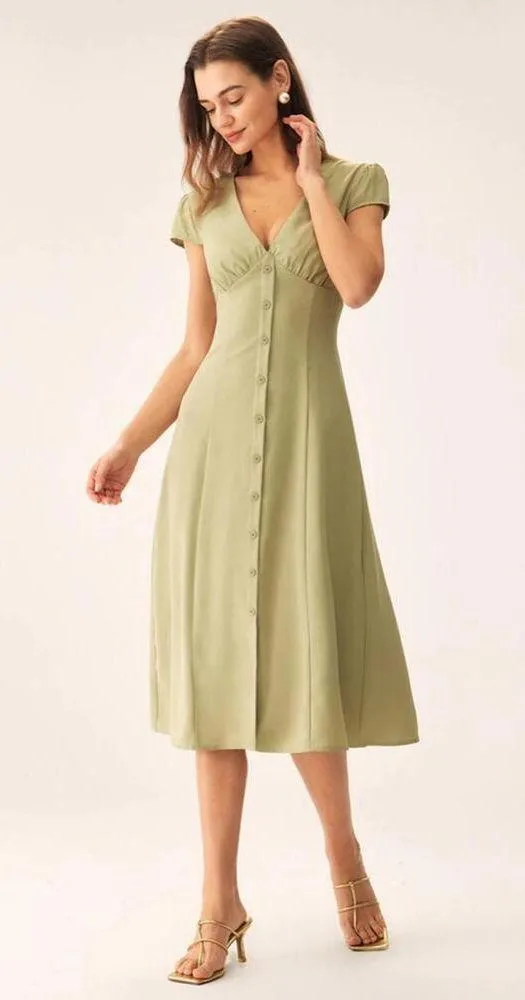 RIHOAS Green V-Neck Button Midi Dress XL - Image 4