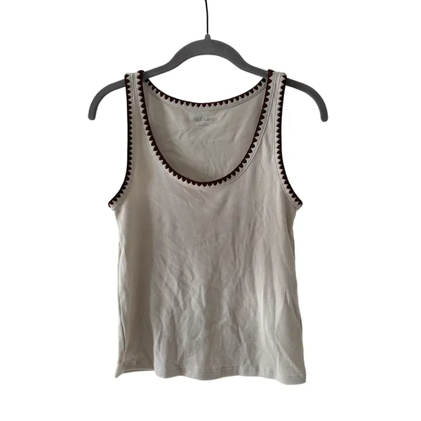 Old Navy Medium Ribbed Tan Tank Top with Brown Trim - Image 2
