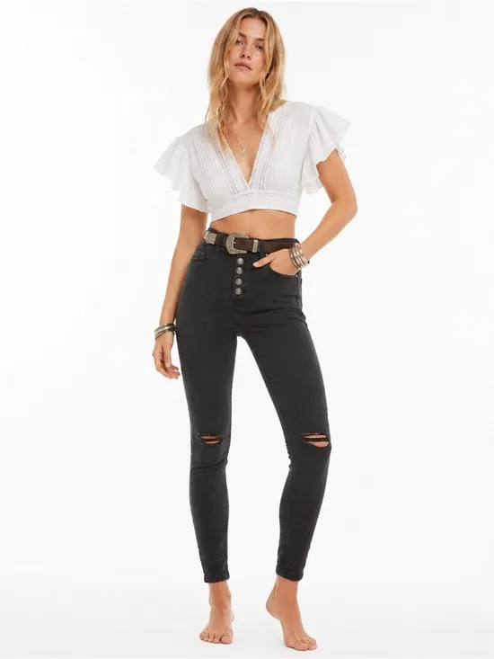 Free People Sabrina Button Front High Waisted Skinny Washed Black Gray Size 25 - Image 4