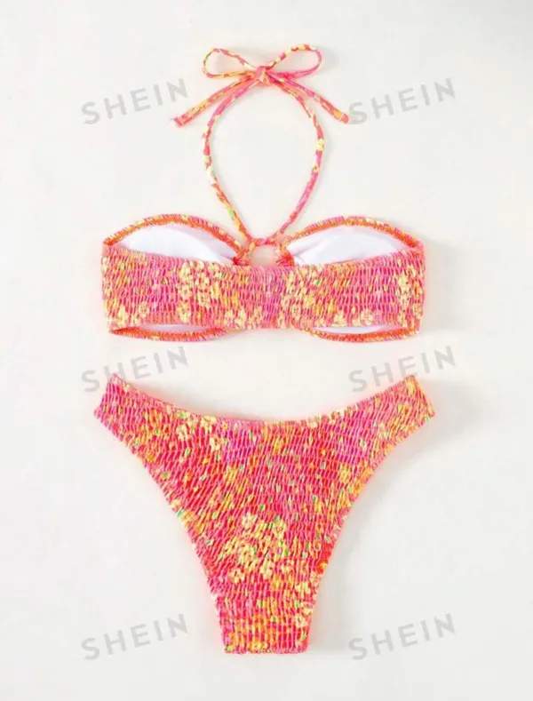 SheIn Floral Print Smocked Halter Bikini - Image 3