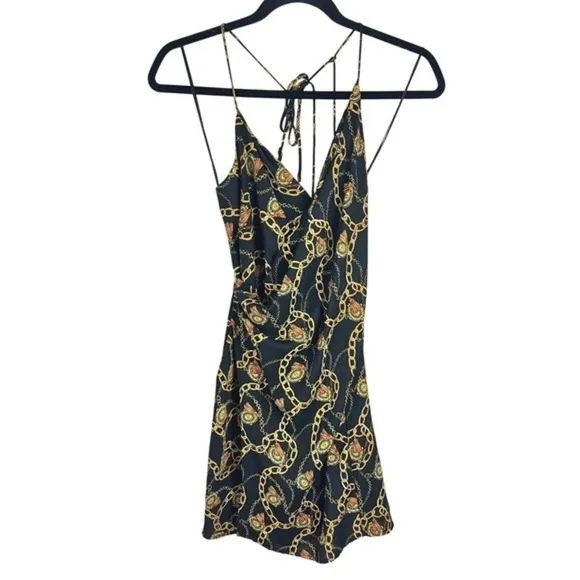 ASTR‎ The Label Mini Dress Chain Reaction Black Gold Chain Print Tie Back Small - Image 3