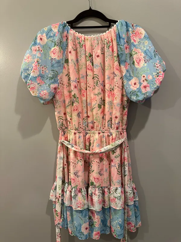For Love & Lemons Love Colette Floral Tiered Ruffle Tie Waist Lace Hem Dress - Image 6