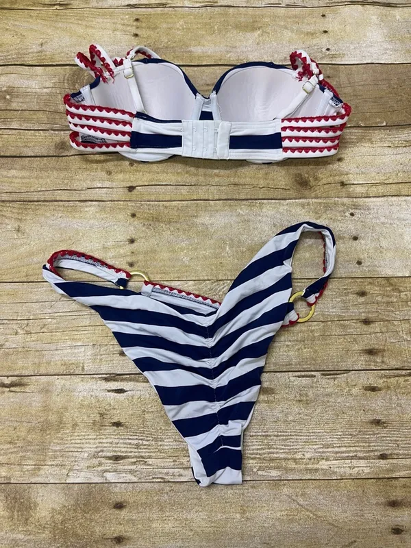 Beach Bunny Navy and White Striped Bikini with Red Trim gold accents size S/M (? - Image 2