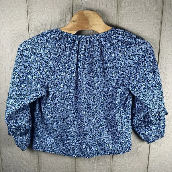 J.Crew Factory Peasant Top Womens Large Blue Floral Ruffle Trim Cotton Blouse - Image 4