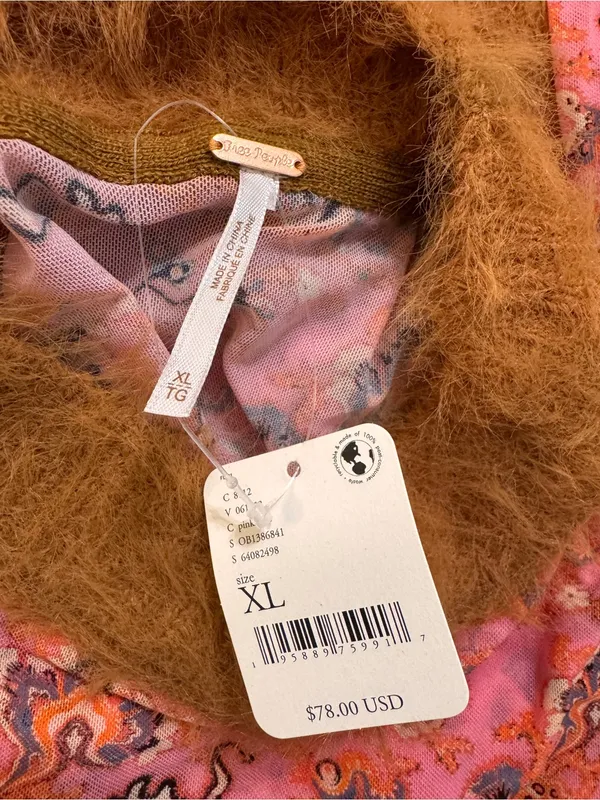 Free People Cosmo Cuff Fuzzy Furry Mesh Sheer Pink Combo Rose Long Sleeve Top XL - Image 8
