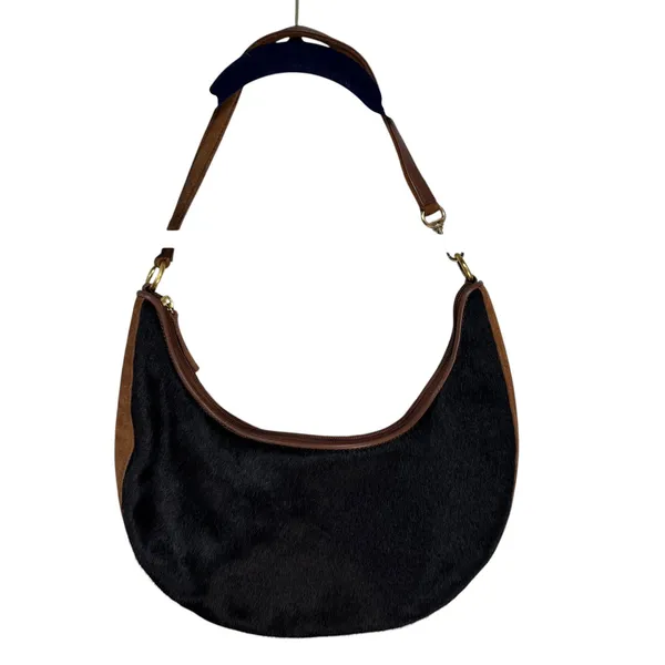 Floral Embroidered Pony Hair Crescent Hobo‎ Bag Black Brown Leather Strap Boho - Image 5