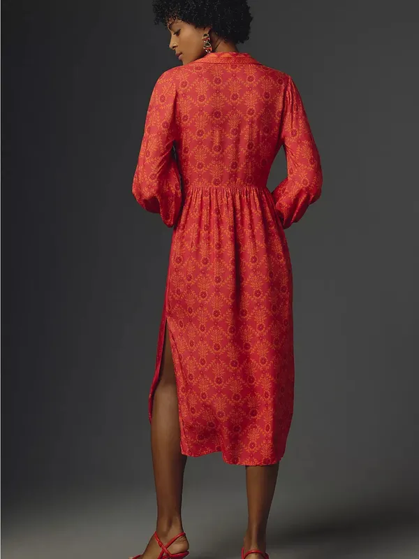 Farm Rio Midi Dress Womens Small Red Orange Long Sleeve V-Neck - Image 3