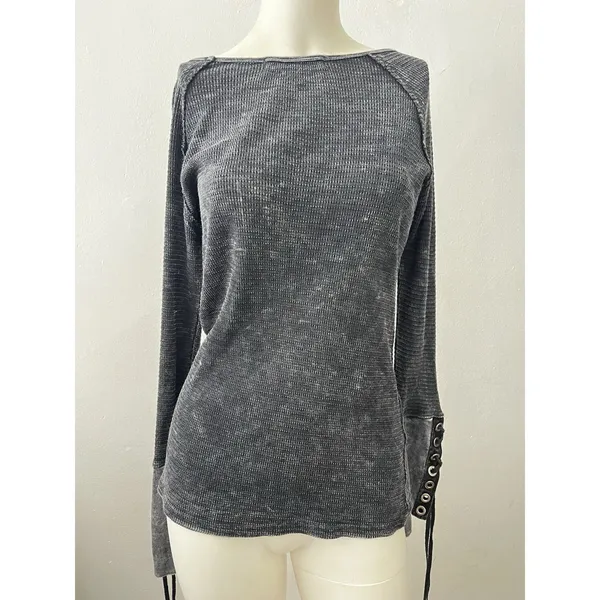 Whimsigoth Grunge Thermal Top M Black Coal lace up witchy punk devilcore Metal - Image 2
