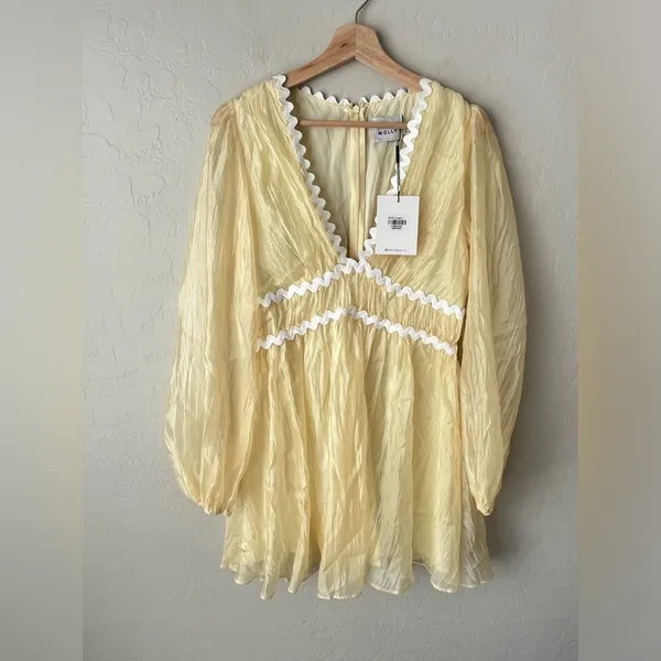 Hello Molly long sleeve sheer mini dress yellow large 8 NWT - Image 3