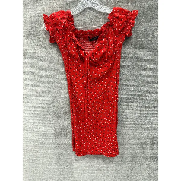 White Fox Mini Dress‎ Women Small Red Floral Smocked Off Shoulder Tie Front - Image 4