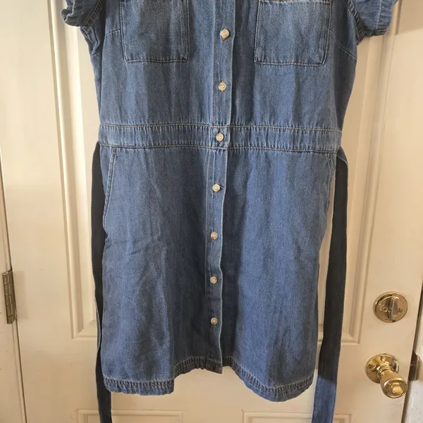 Frye Denim Shirt Dress Womens L Blue Cotton Button Tie Waist Western Belted - Image 3