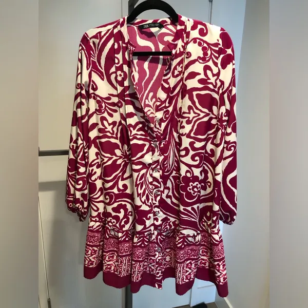 Zara Magenta Pink and Cream Printed Oversized Mini Dress Size M - Image 2