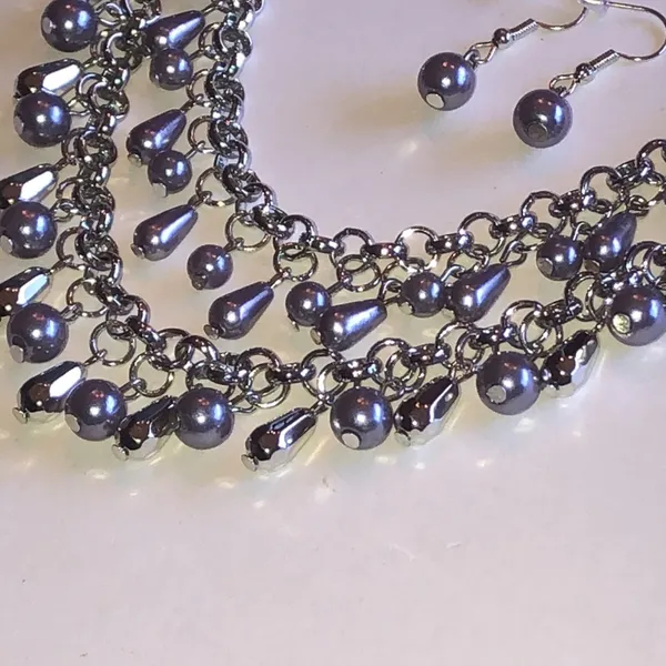 Silver Tone Light Purple Bead Multi-Strand Necklace & Earrings Set - Image 2