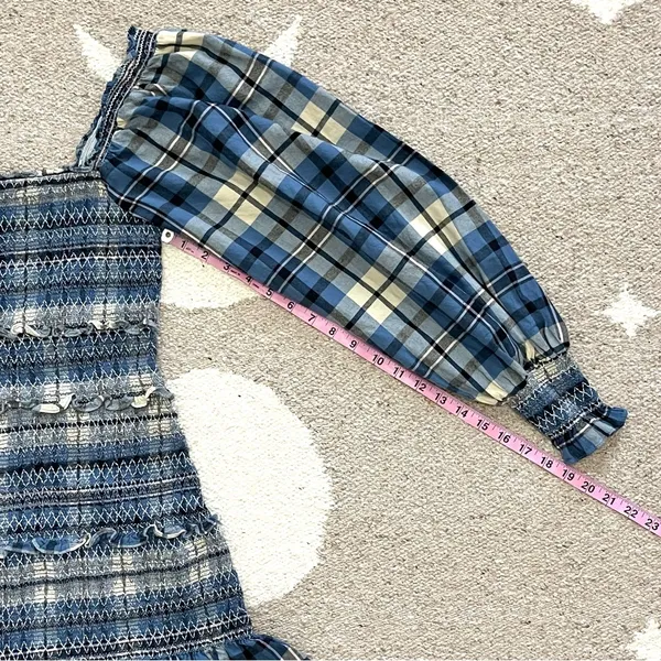 LoveShackFancy Stanley Blue Plaid Smocked Mini Dress Medium - Image 12