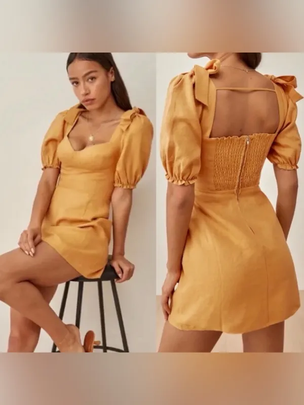 REFORMATION Yellow Ochre Spring Bow Sleeve Linen Mini Dress size 10 NWT - Image 2