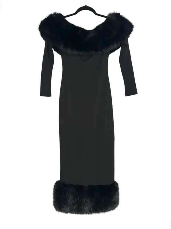 NWT Babyboo Vittoria Off Shoulder Black Faux Fur Trim Bodycon Midi Dress XS - Image 3
