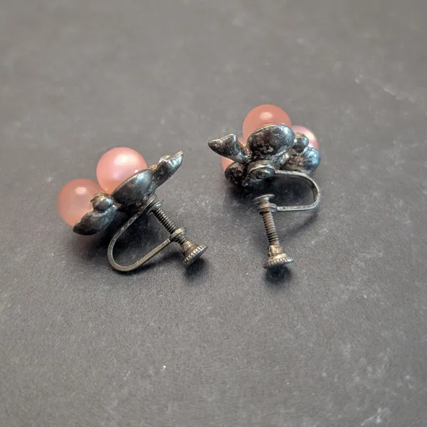 Vintage Screw On Earrings Pink Trio with Clear Gem Accents - Tarnished - Image 5