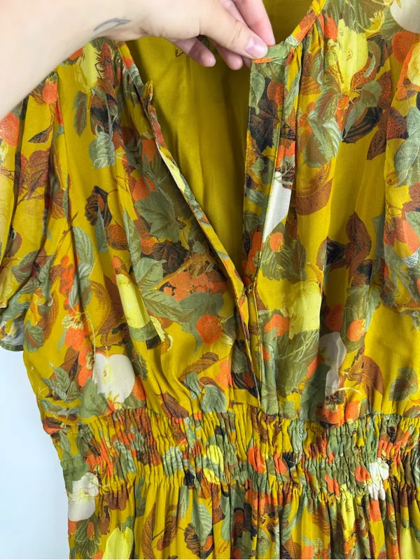 Anthropologie Yellow Fruit Print Smocked Waist Tiered Dress, Size XL - Image 7